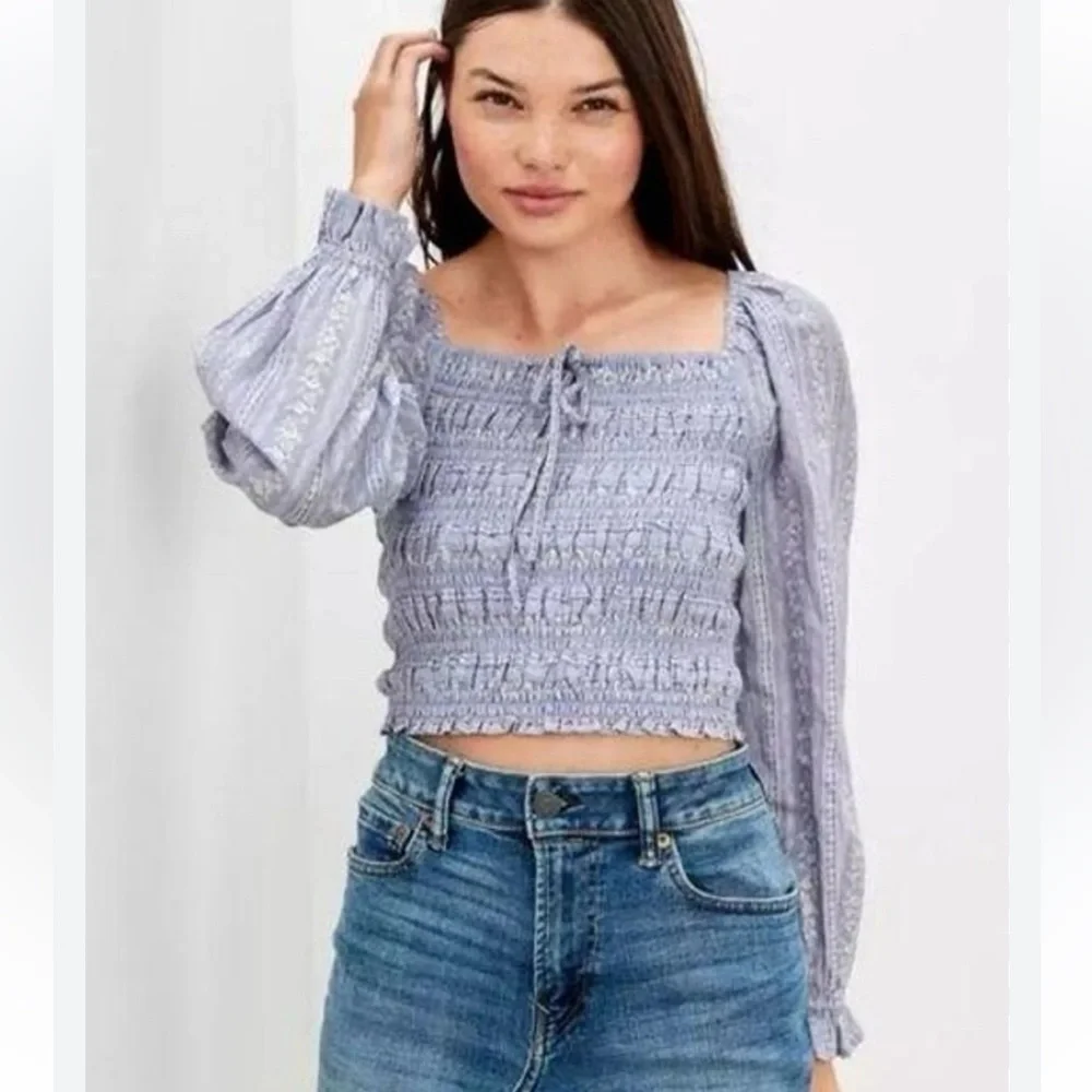 NWT American Eagle Square WomenNeck Floral Blue Crop Top Puff LongSleeves Size L